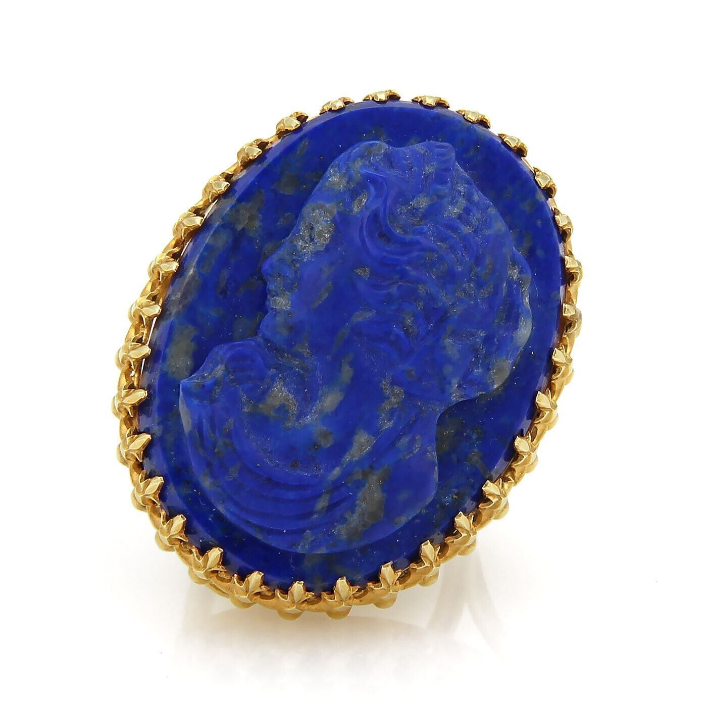 Carved Lapis Girl Cameo 14k Yellow Gold Ring - Size 7