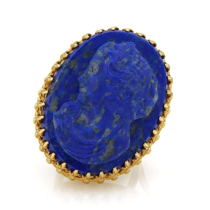 Carved Lapis Girl Cameo 14k Yellow Gold Ring - Size 7