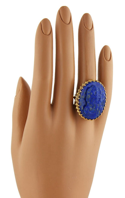 Carved Lapis Girl Cameo 14k Yellow Gold Ring - Size 7
