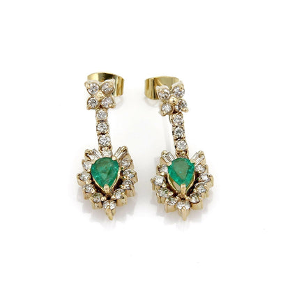 Diamond & Emerald 18k Yellow Gold Floral Dangle Earrings