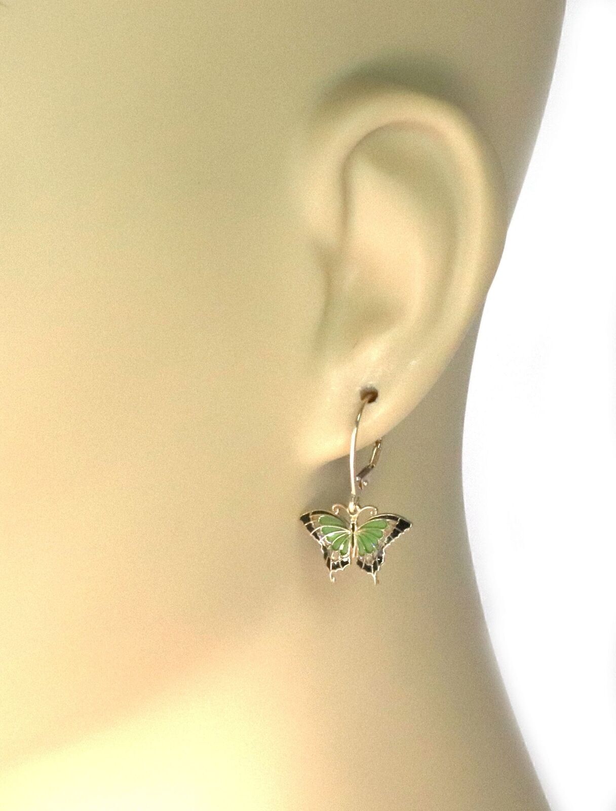 Enamel Butterfly 14k Yellow Gold Dangle Earrings