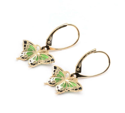 Enamel Butterfly 14k Yellow Gold Dangle Earrings