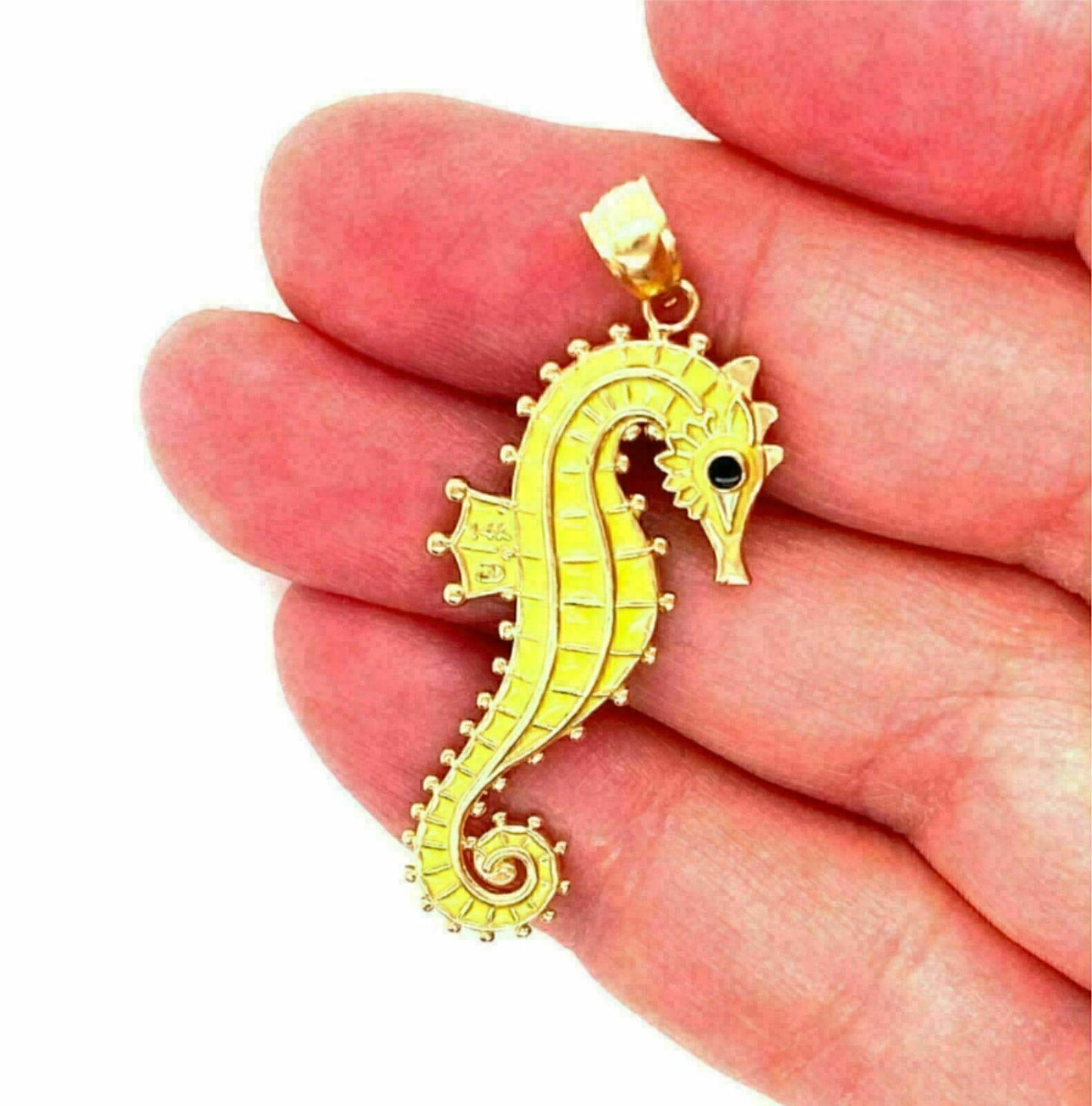 Double Sided Yellow Enamel Sea Horse 14k Yellow Gold Charm Pendant