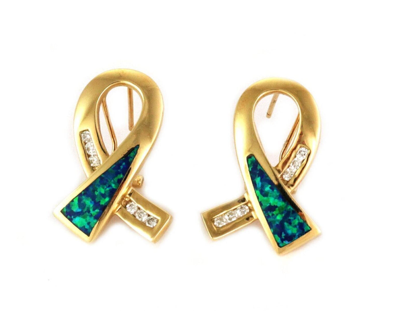 Diamond & Opal 14k Yellow Gold Ribbon Loop Post Clip Earrings