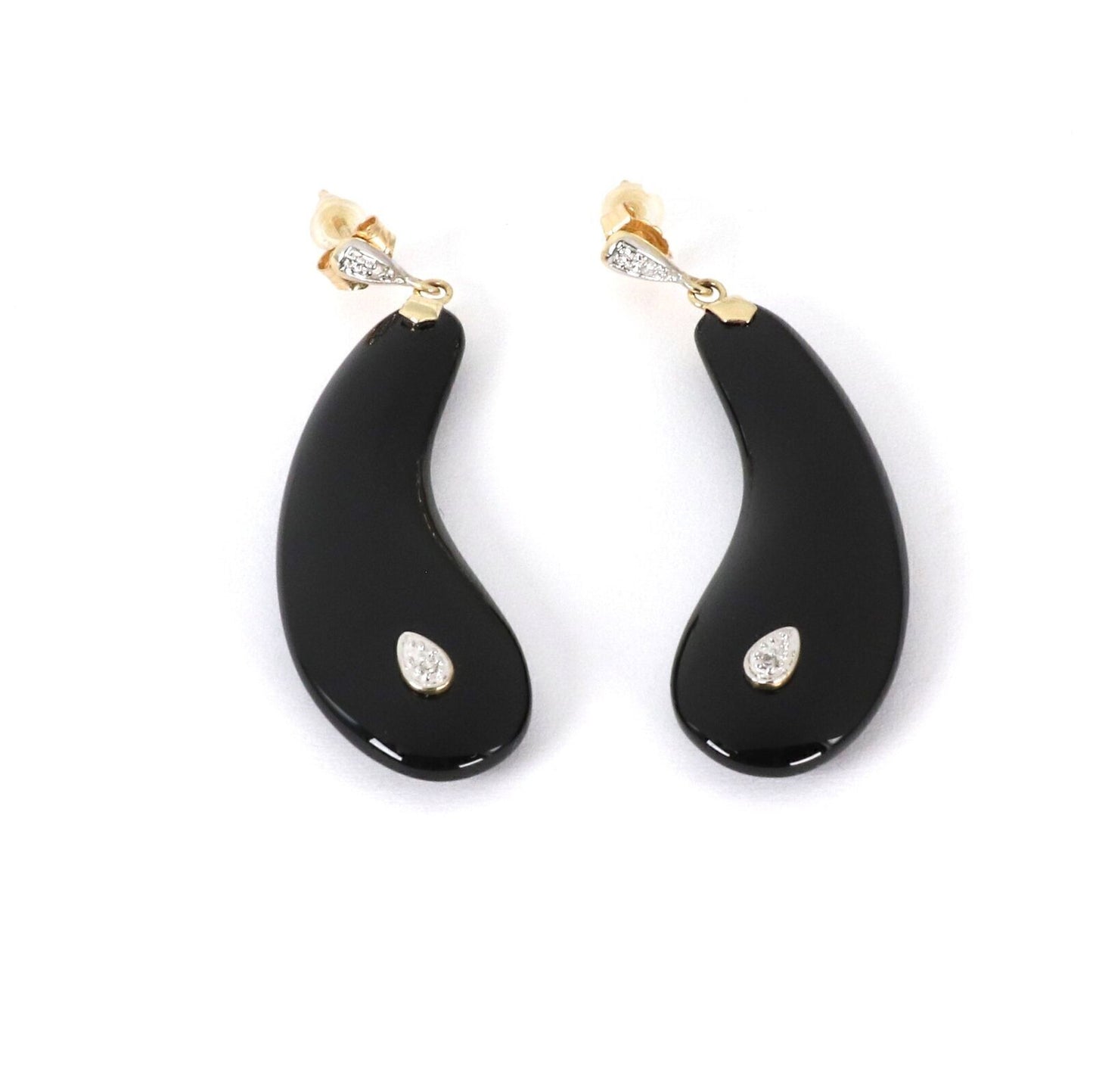 Onyx & Diamond 14k Two Tone Gold  Long Teardrop Dangle Earrings