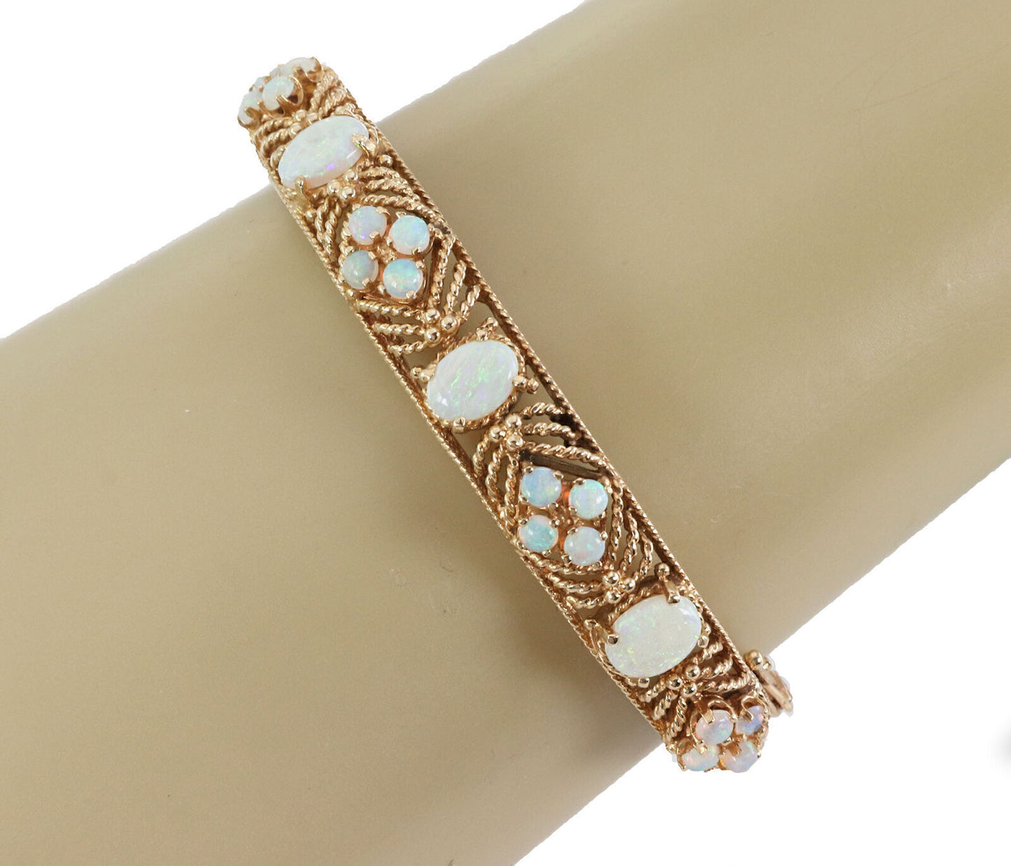 Fire Opal 14k Yellow Gold Fancy Textured Floral Bangle Bracelet