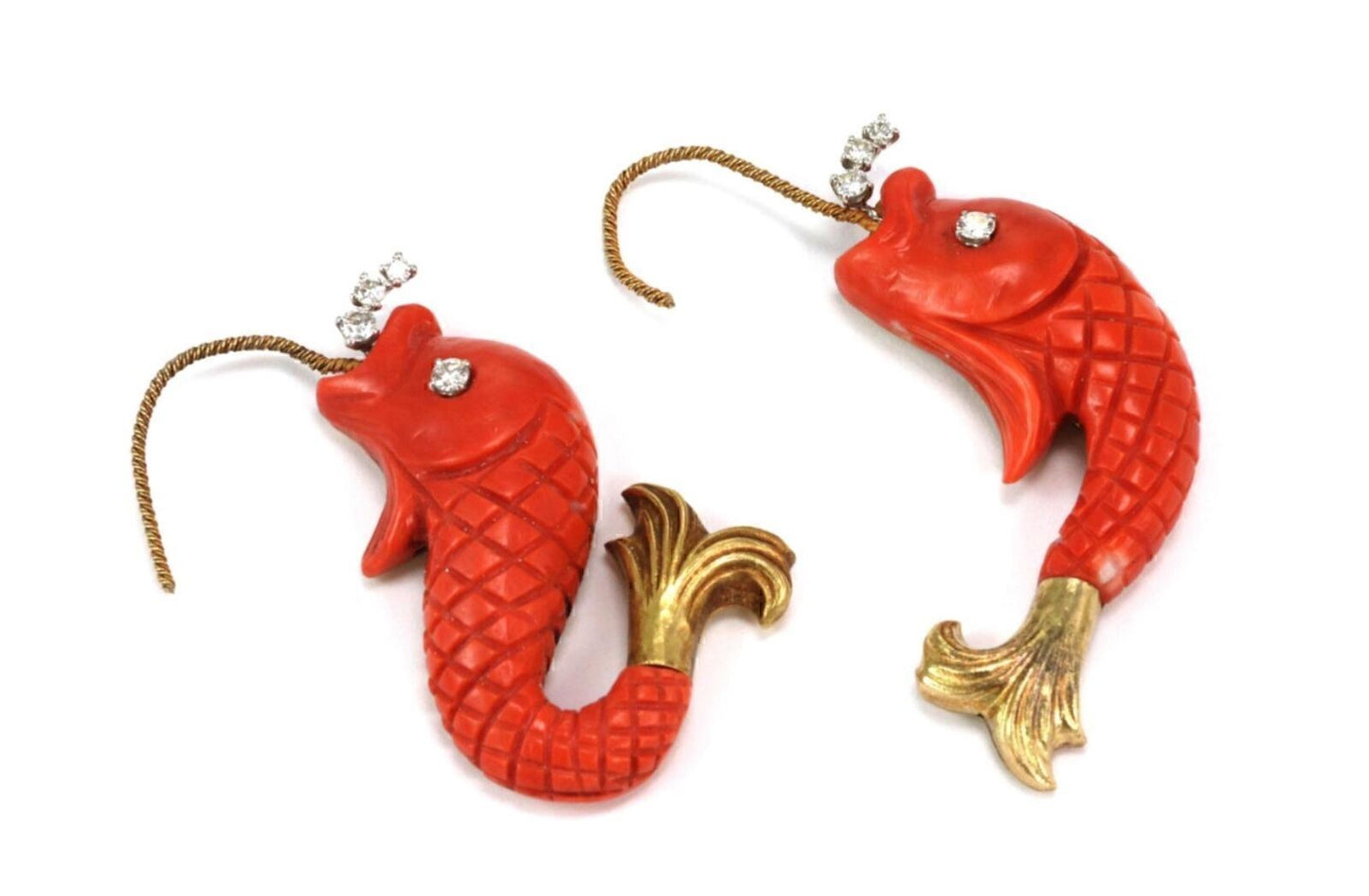 Nayan Oid Diamond Coral 18k Yellow Gold Carved Fish Hook Dangle Earrings