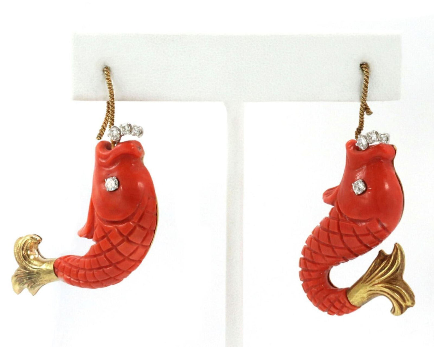 Nayan Oid Diamond Coral 18k Yellow Gold Carved Fish Hook Dangle Earrings