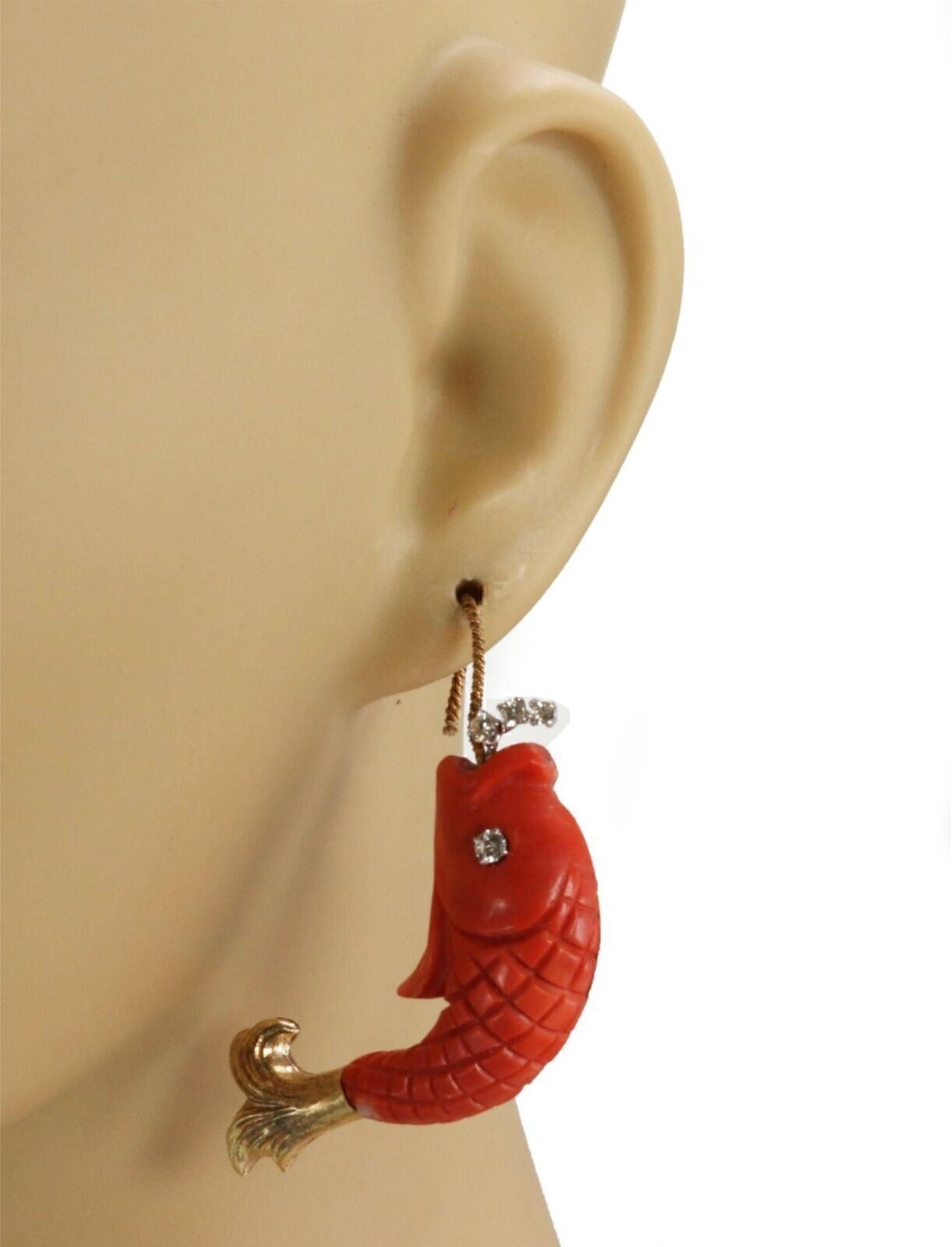 Nayan Oid Diamond Coral 18k Yellow Gold Carved Fish Hook Dangle Earrings