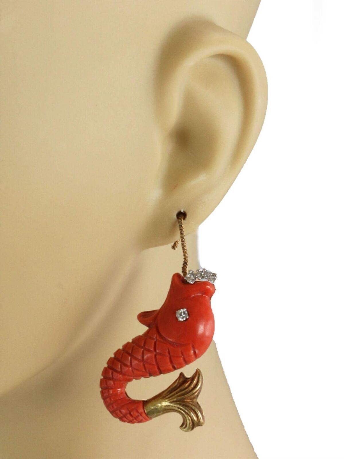 Nayan Oid Diamond Coral 18k Yellow Gold Carved Fish Hook Dangle Earrings