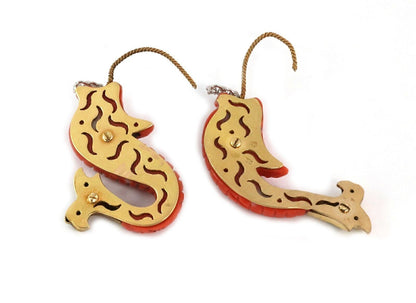 Nayan Oid Diamond Coral 18k Yellow Gold Carved Fish Hook Dangle Earrings