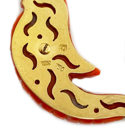 Nayan Oid Diamond Coral 18k Yellow Gold Carved Fish Hook Dangle Earrings