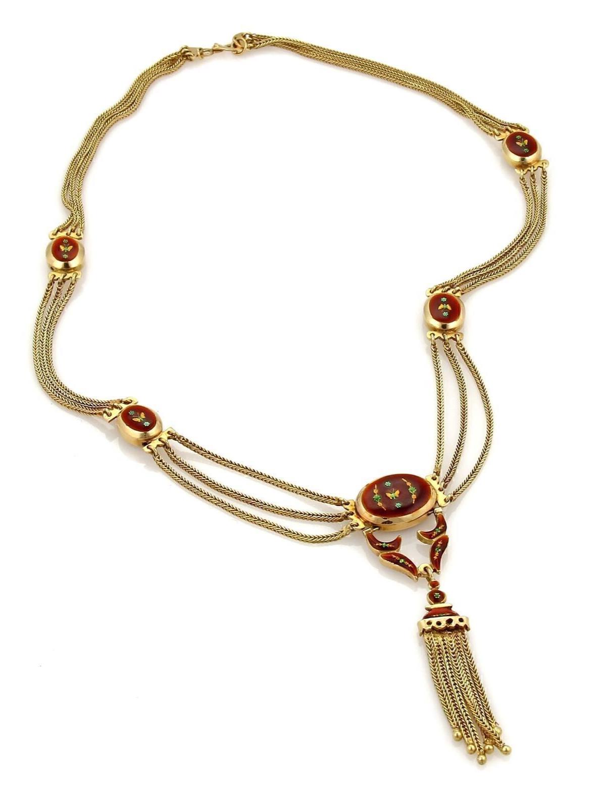 Antique Red Floral Enamel Triple Strand 18k Yellow Gold Tassel Necklace