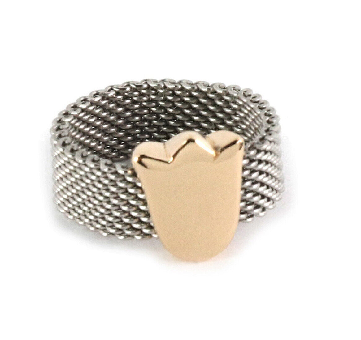 Tous 18k Gold & Stainless Tulip Charm Mesh Flex Band Ring - Size 6