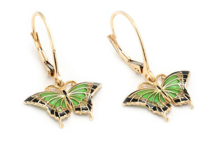 Enamel Butterfly 14k Yellow Gold Dangle Earrings