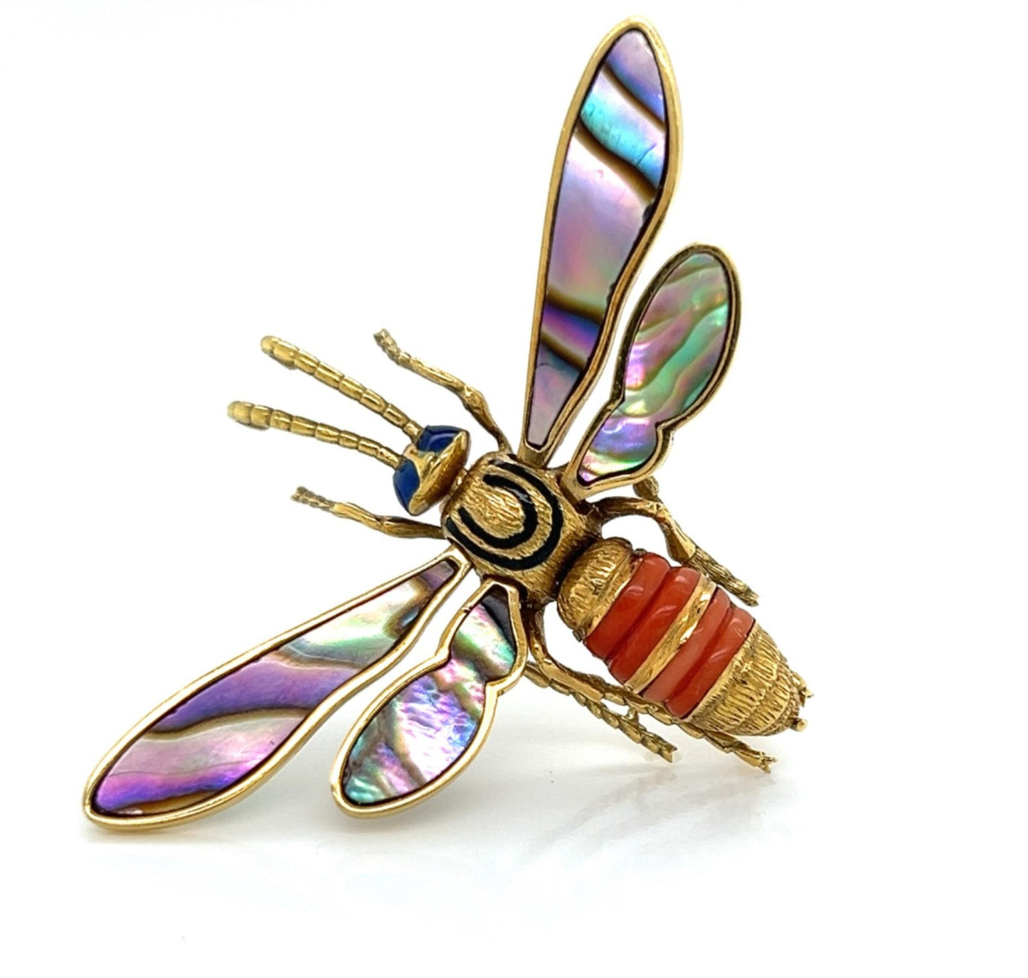 Coral Abalone Shell Lapis 18k Yellow Gold Large Movable Fly Pin Brooch