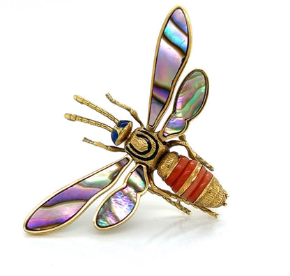 Coral Abalone Shell Lapis 18k Yellow Gold Large Movable Fly Pin Brooch