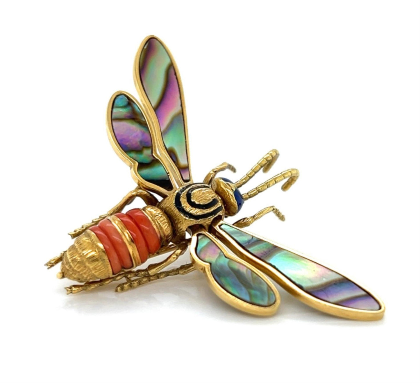 Coral Abalone Shell Lapis 18k Yellow Gold Large Movable Fly Pin Brooch