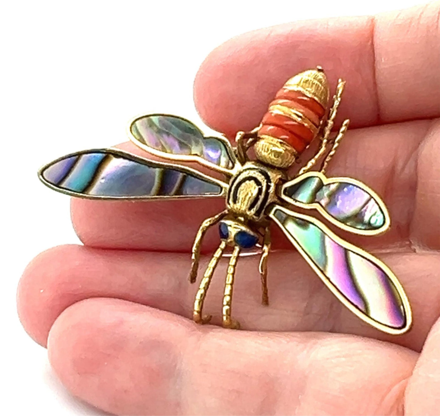 Coral Abalone Shell Lapis 18k Yellow Gold Large Movable Fly Pin Brooch