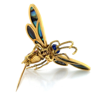 Coral Abalone Shell Lapis 18k Yellow Gold Large Movable Fly Pin Brooch