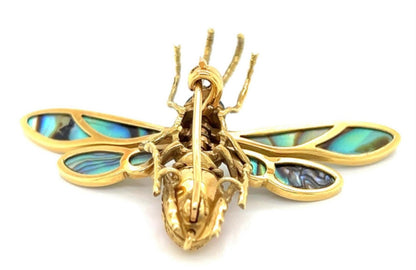 Coral Abalone Shell Lapis 18k Yellow Gold Large Movable Fly Pin Brooch