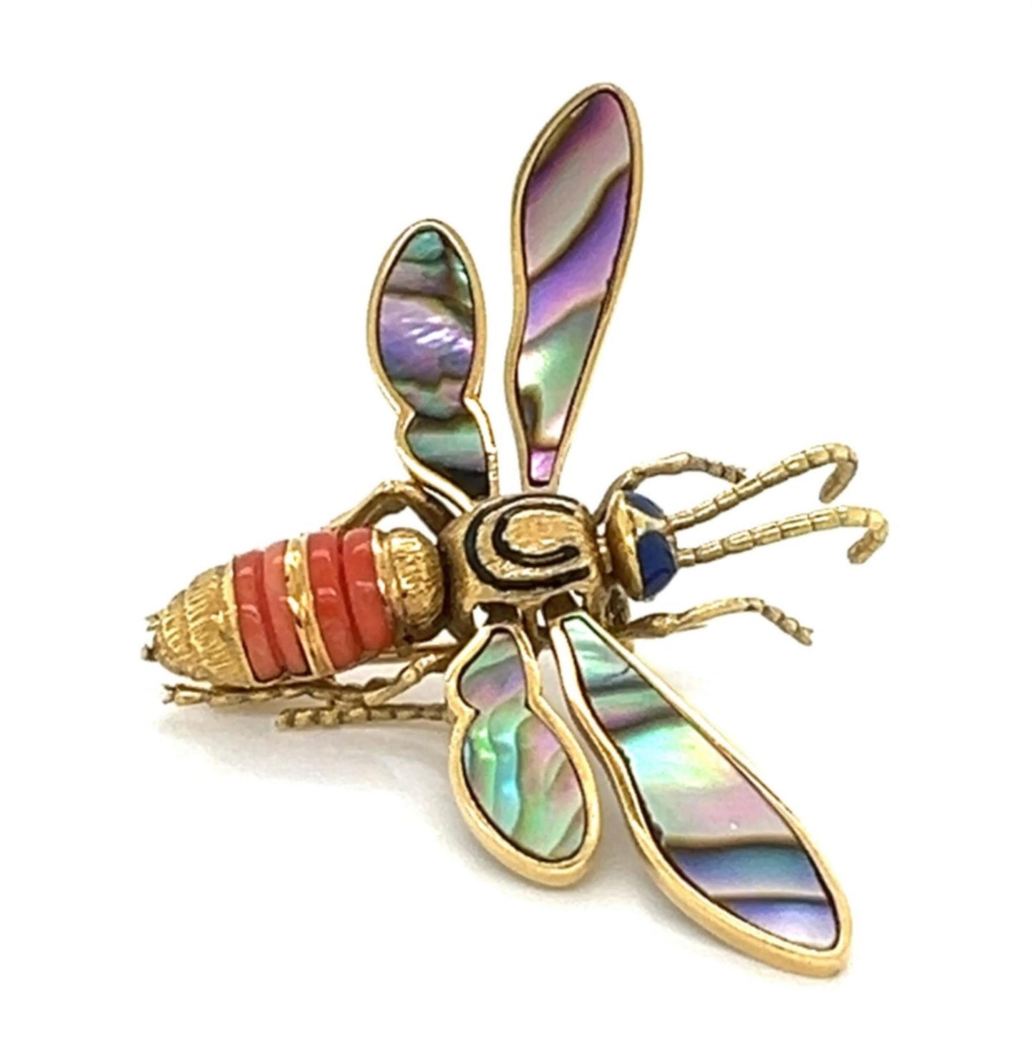 Coral Abalone Shell Lapis 18k Yellow Gold Large Movable Fly Pin Brooch