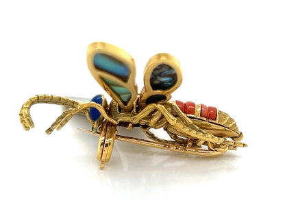 Coral Abalone Shell Lapis 18k Yellow Gold Large Movable Fly Pin Brooch