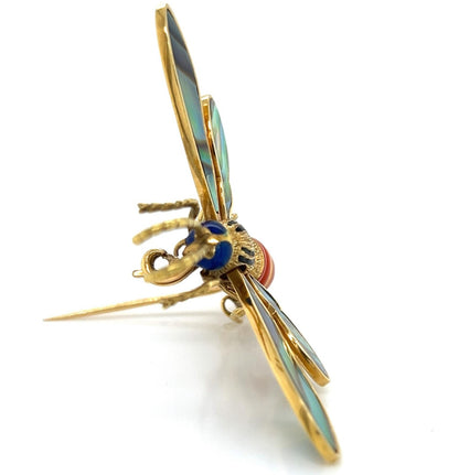 Coral Abalone Shell Lapis 18k Yellow Gold Large Movable Fly Pin Brooch