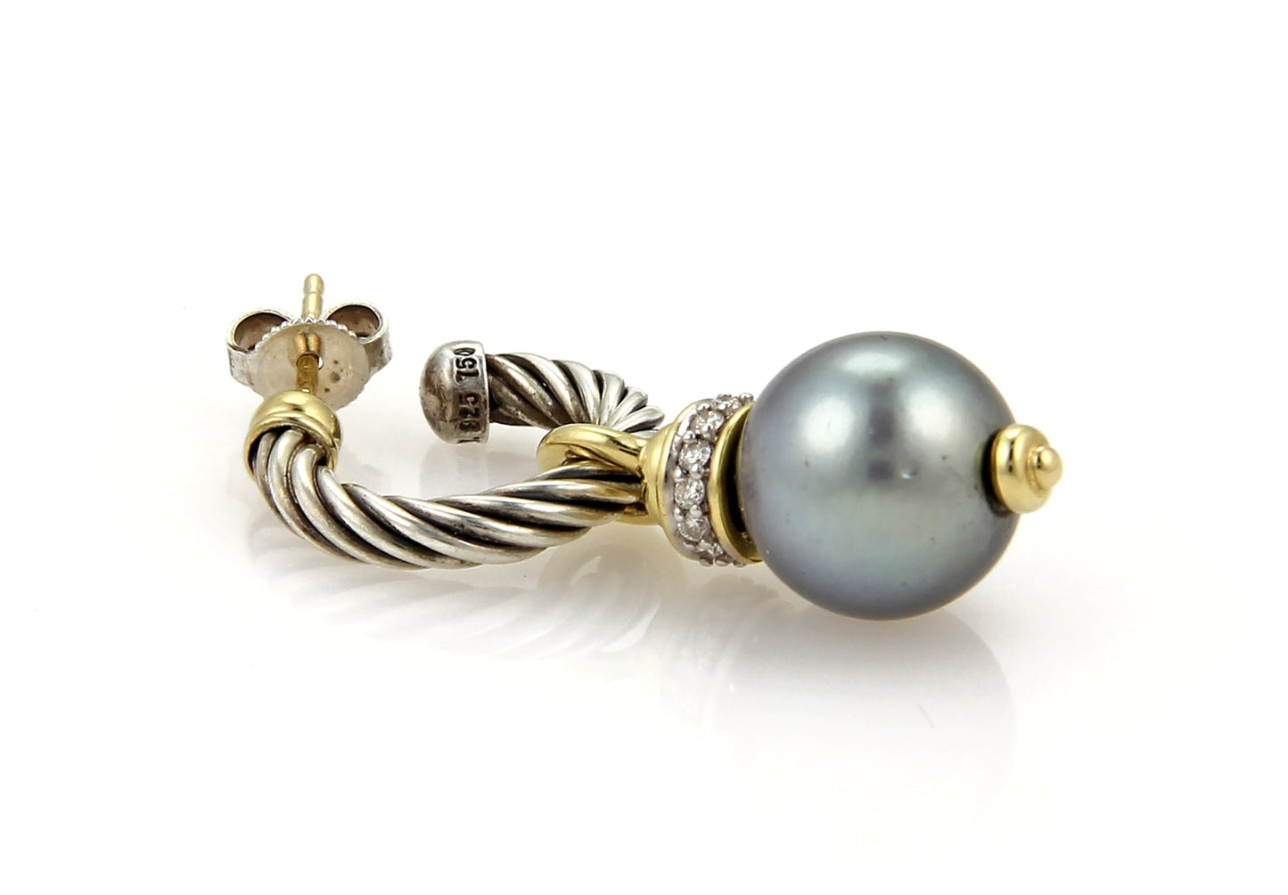 David Yurman Cable Diamond Tahitian Pearl Sterling Silver and 18k Yellow Gold Drop Earrings