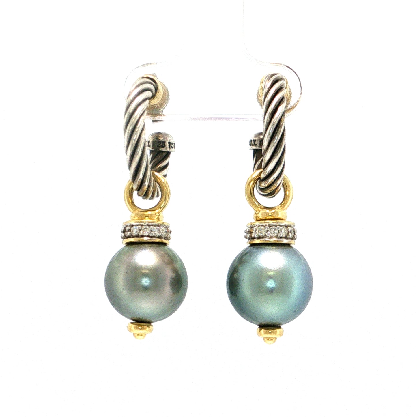 David Yurman Cable Diamond Tahitian Pearl Sterling Silver and 18k Yellow Gold Drop Earrings