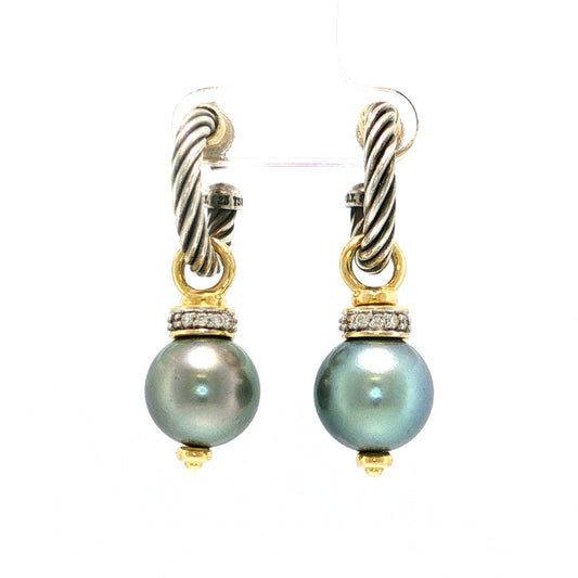David Yurman Cable Diamond Tahitian Pearl Sterling Silver and 18k Yellow Gold Drop Earrings