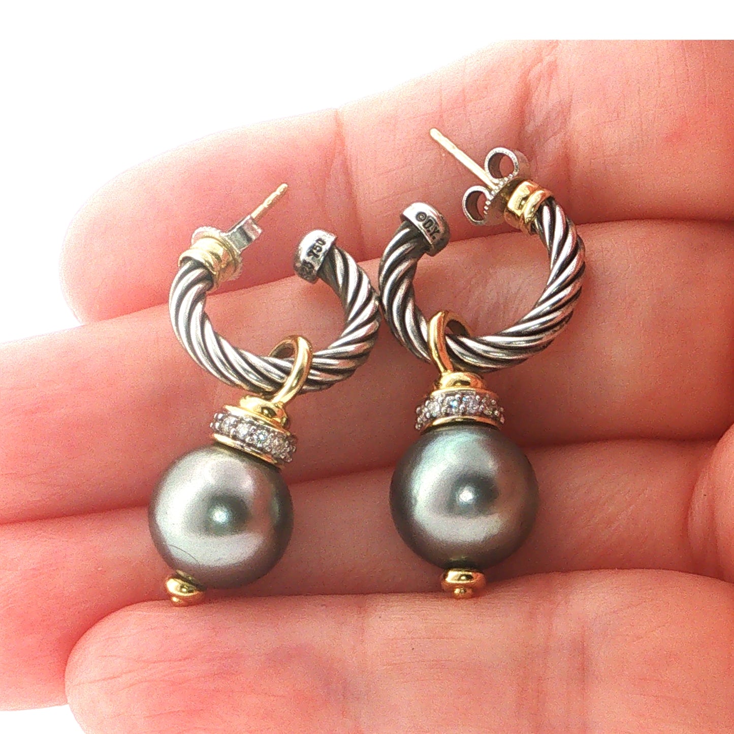 David Yurman Cable Diamond Tahitian Pearl Sterling Silver and 18k Yellow Gold Drop Earrings
