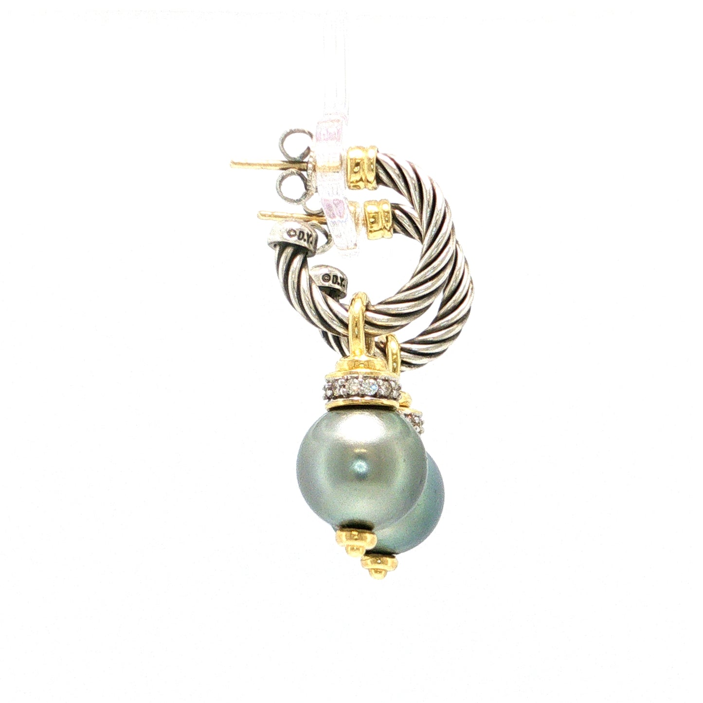 David Yurman Cable Diamond Tahitian Pearl Sterling Silver and 18k Yellow Gold Drop Earrings