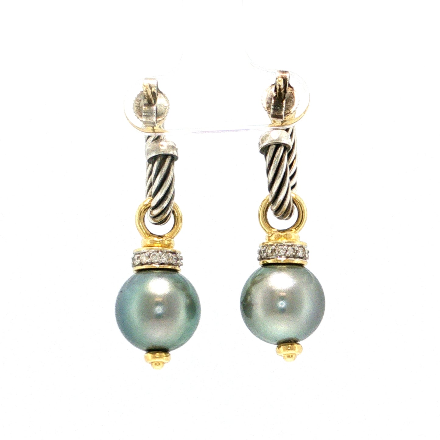 David Yurman Cable Diamond Tahitian Pearl Sterling Silver and 18k Yellow Gold Drop Earrings