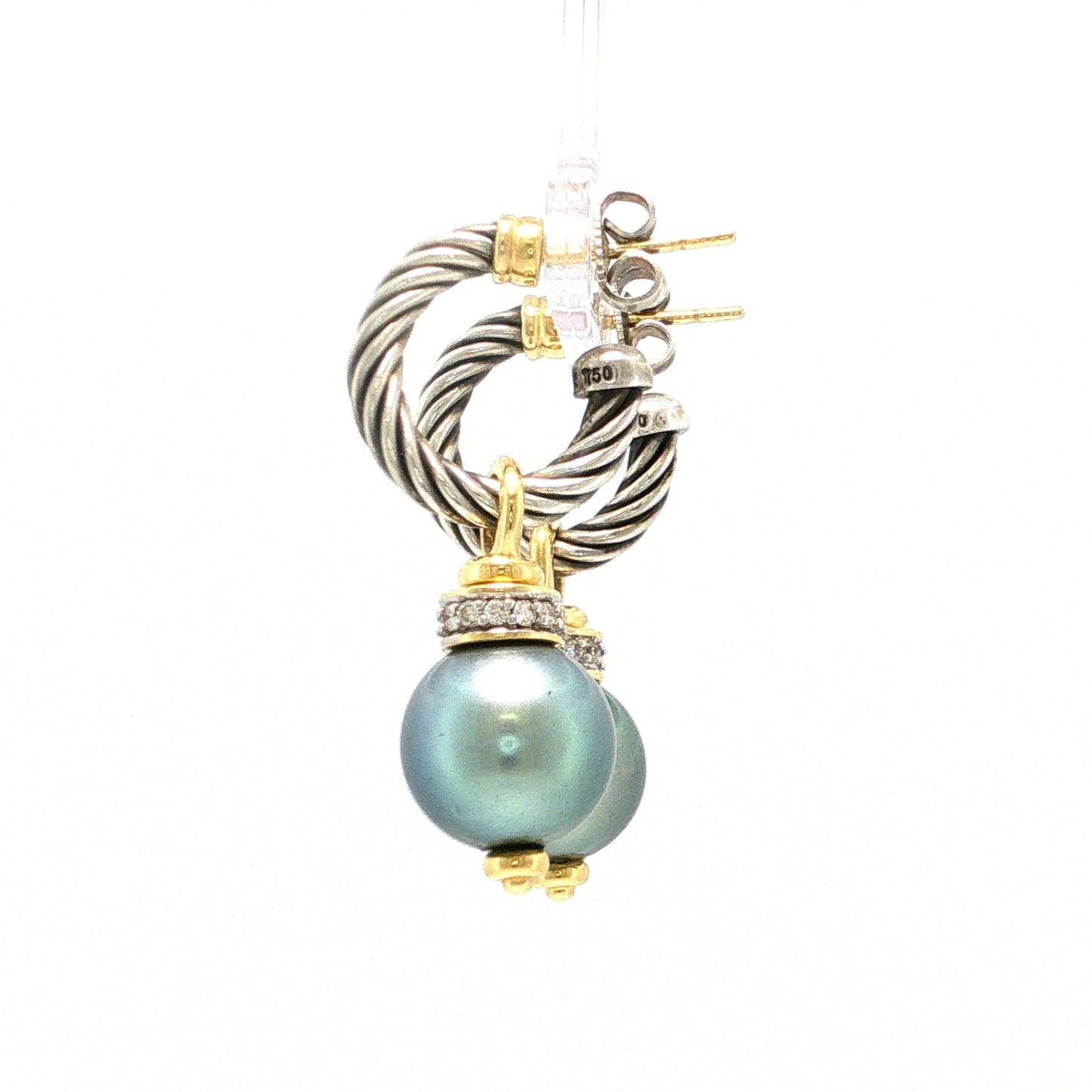 David Yurman Cable Diamond Tahitian Pearl Sterling Silver and 18k Yellow Gold Drop Earrings