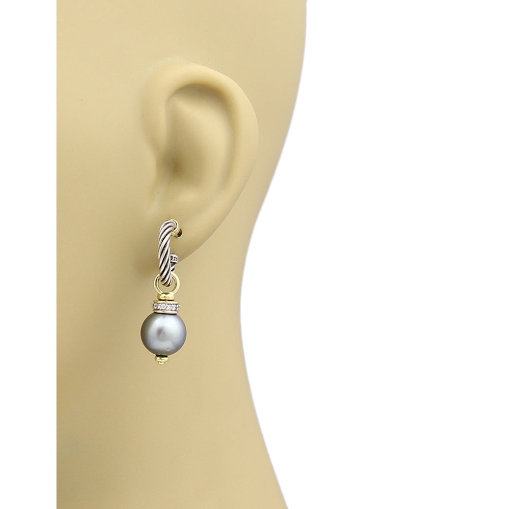 David Yurman Cable Diamond Tahitian Pearl Sterling Silver and 18k Yellow Gold Drop Earrings