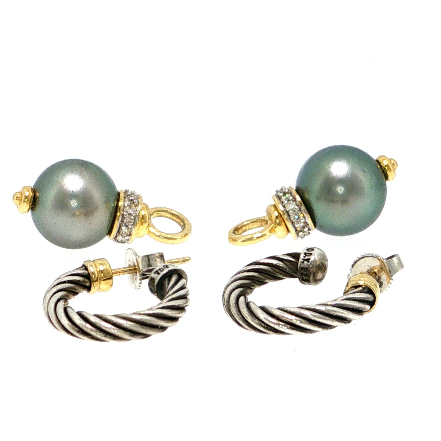 David Yurman Cable Diamond Tahitian Pearl Sterling Silver and 18k Yellow Gold Drop Earrings