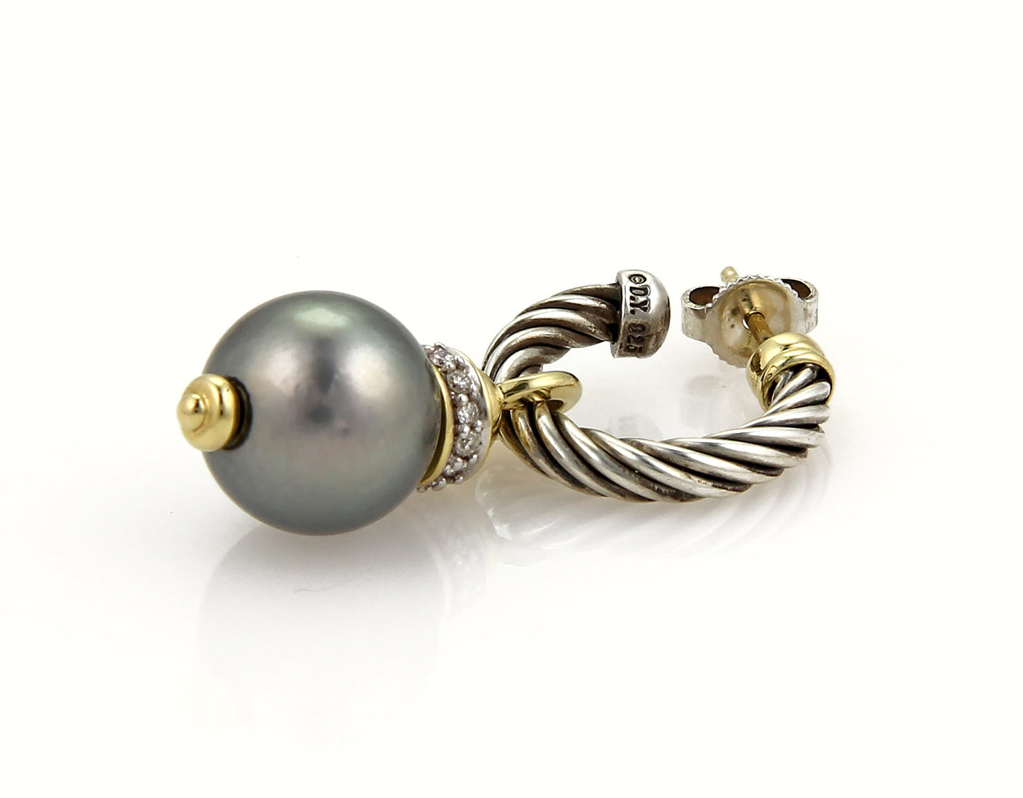 David Yurman Cable Diamond Tahitian Pearl Sterling Silver and 18k Yellow Gold Drop Earrings