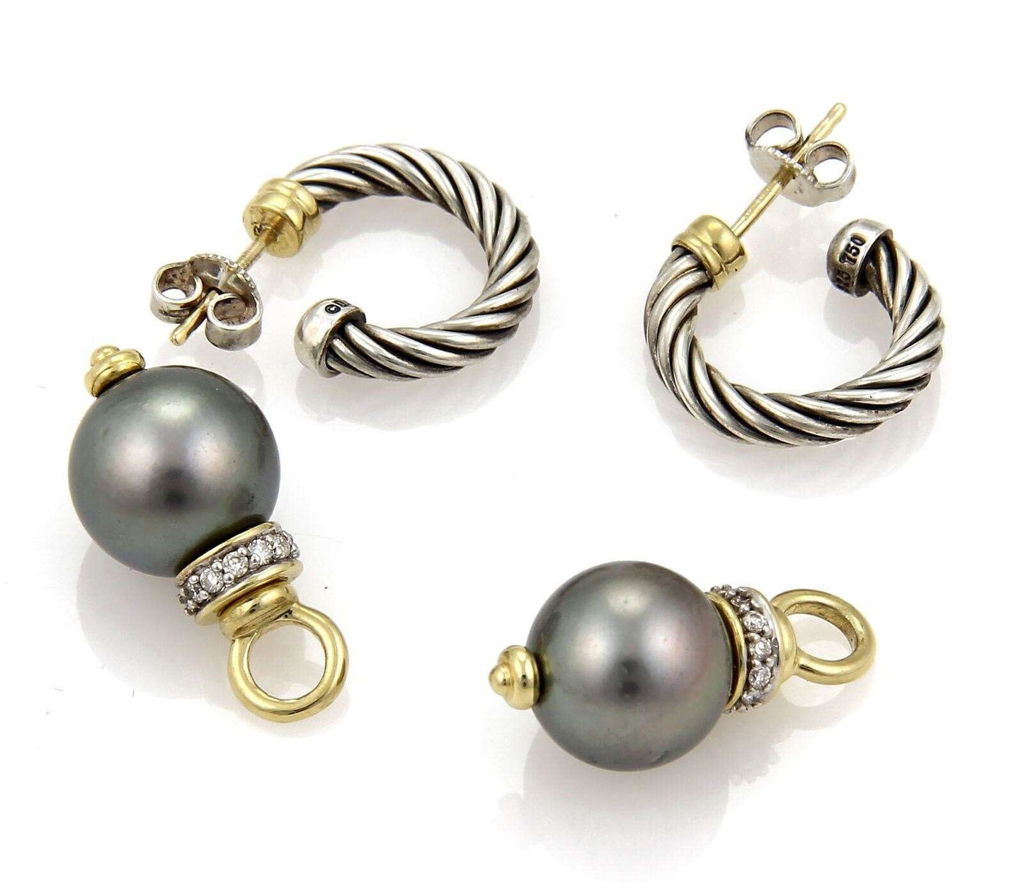 David Yurman Diamond & Tahitian Pearl 18k Gold & Sterling Hoop Dangle Earrings