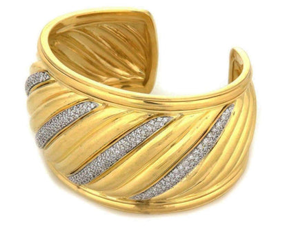 David Yurman Sculpted Pave Diamond 18k Yellow Gold Wide Cuff Bangle Bracelet