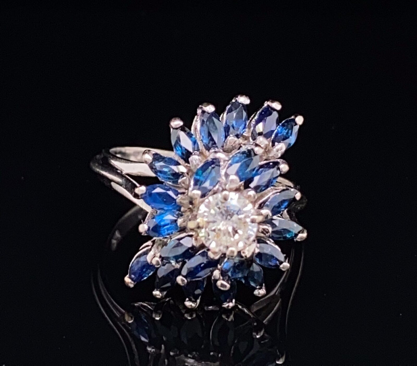 Diamond & Sapphire Swirl Design 14k White Gold Ring - Size 6.5