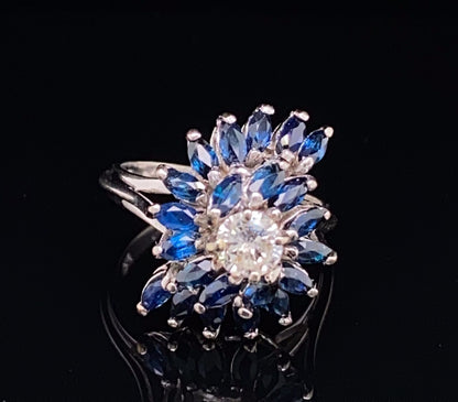 Diamond & Sapphire Swirl Design 14k White Gold Ring - Size 6.5