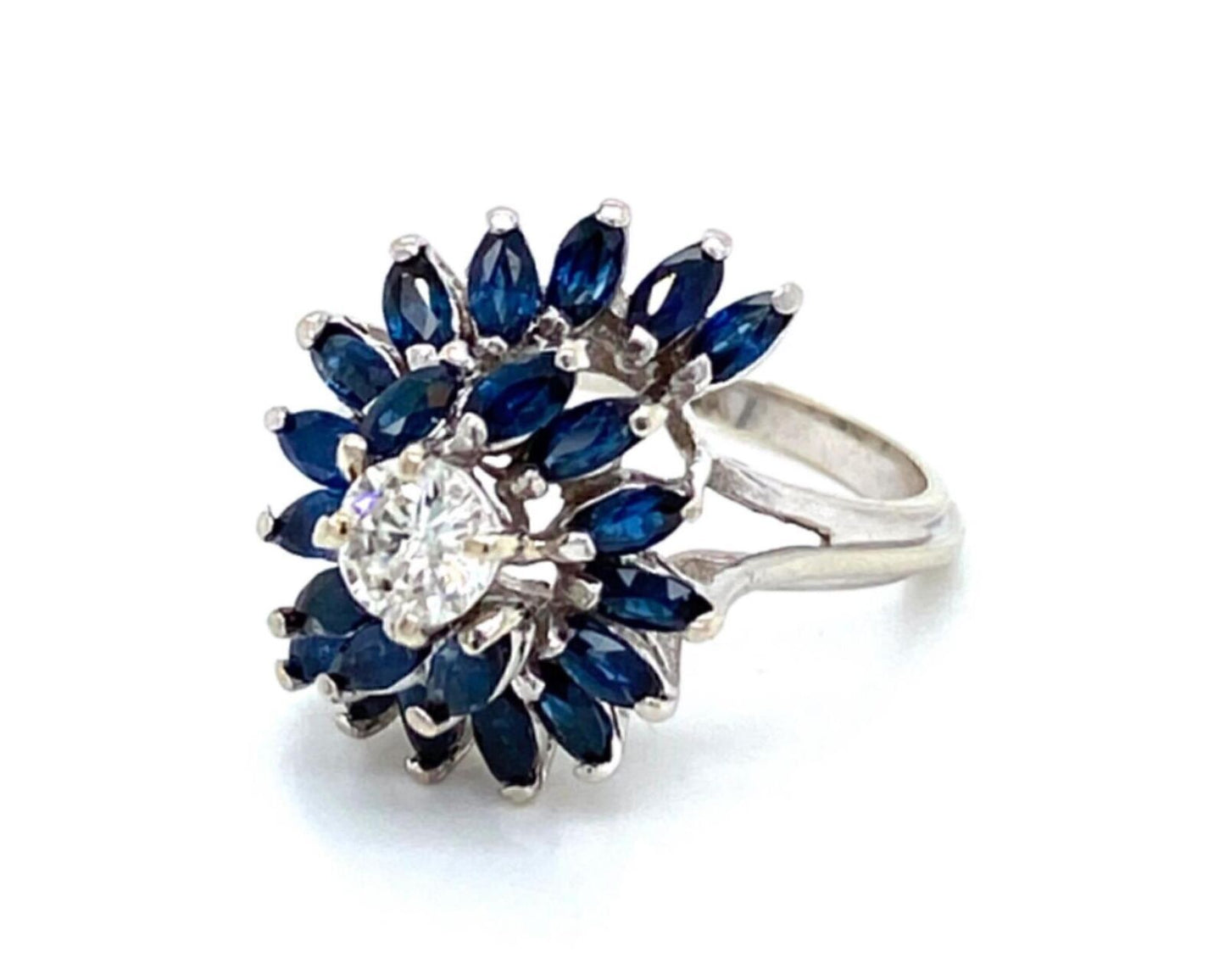 Diamond & Sapphire Swirl Design 14k White Gold Ring - Size 6.5