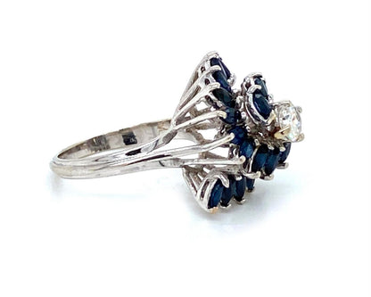 Diamond & Sapphire Swirl Design 14k White Gold Ring - Size 6.5