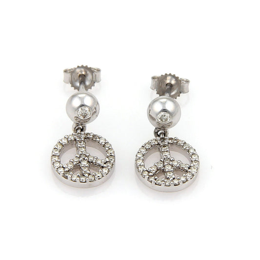 Diamond Peace Sign Dangle 14k White Gold Earrings