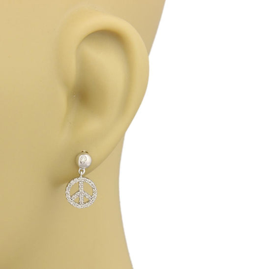 Diamond Peace Sign Dangle 14k White Gold Earrings