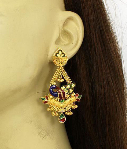 Multicolor Enamel Peacock 22k Gold Chandelier Earrings