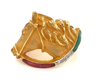 Diamond Enamel 14k Two Tone Gold Horse Head Ring - Size 8.5