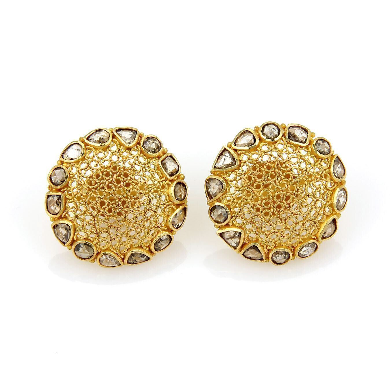 Chocolate Rose Cut Diamonds 18k Yellow Gold Dome Earrings