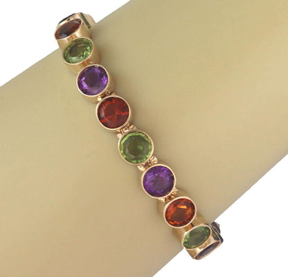 Multi-Color Bezel Set Round Gems 14k Yellow Gold Link Bracelet